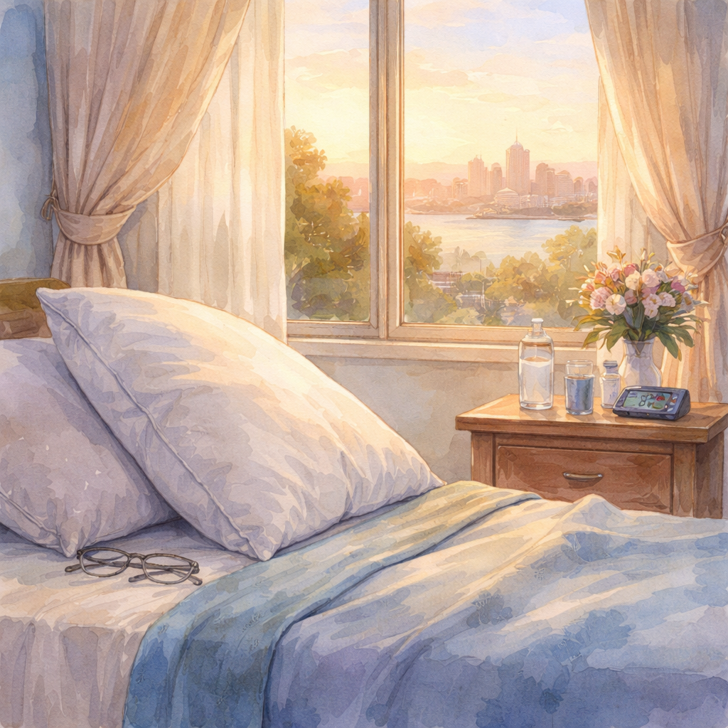 A watercolor painting of a patient’s bedroom in Sydney, showing a soft pillow angled for head‑down positioning, a night‑stand with eye‑drop bottle, water glass, and a gentle sunrise through curtains, conveying calm preparation for phacoemulsification recovery. Alt: Phacoemulsification recovery preparation in a Sydney bedroom, watercolor style.