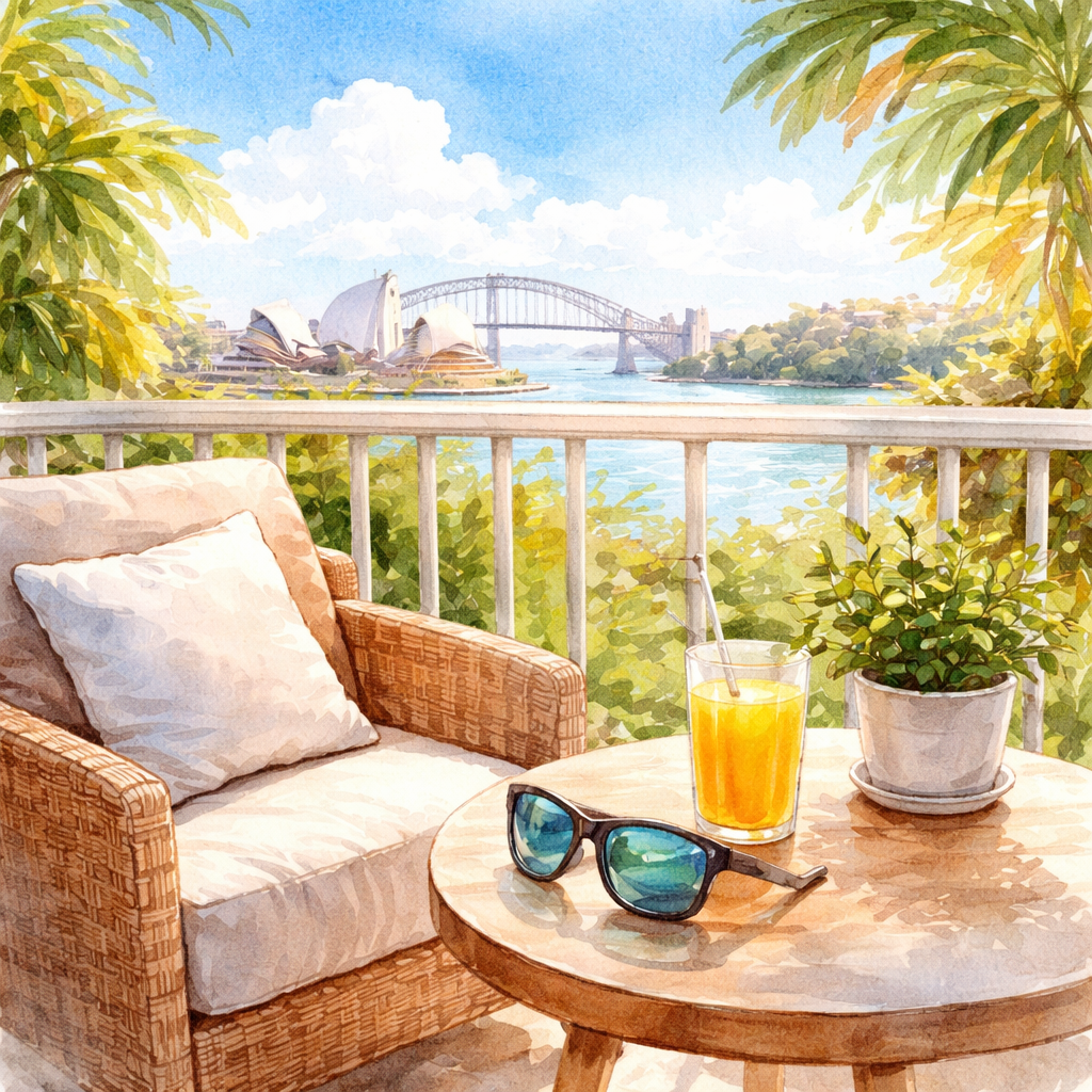 A watercolor painting of a sunny Sydney balcony with a comfortable armchair, a pair of polarized sunglasses resting on a side table, a glass of orange juice, and a small potted plant, symbolising relaxed recovery and steady vision improvement. Alt: Long‑term phacoemulsification recovery in Sydney – calm balcony scene.