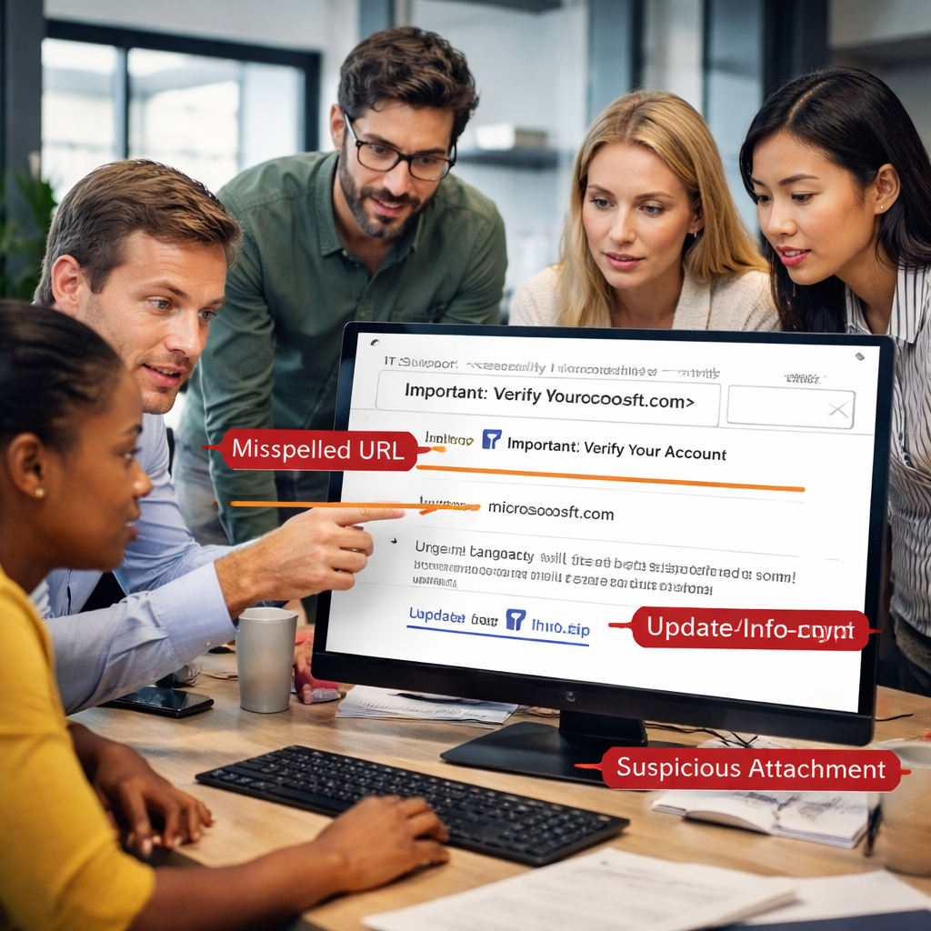 A photorealistic office scene showing a small‑to‑mid‑size business team gathered around a computer screen displaying a mock phishing email, with captions pointing out red flags like misspelled URLs and urgent language. Alt: phishing awareness training for employees role‑specific modules.