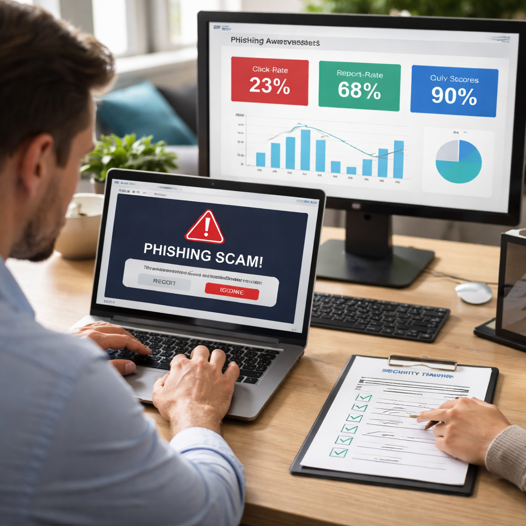 A photorealistic office scene showing an employee looking at a laptop screen with a phishing warning overlay, a colleague pointing at a checklist on the desk, and a dashboard on a monitor displaying click‑rate, report‑rate, and quiz scores. Alt: Employee reviewing phishing awareness metrics in a realistic workplace.