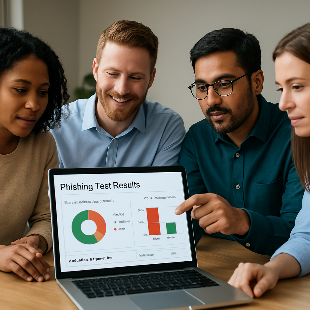Group analyzing phishing test results on a laptop, featuring charts and data, emphasizing employee training and cybersecurity awareness for SMBs.