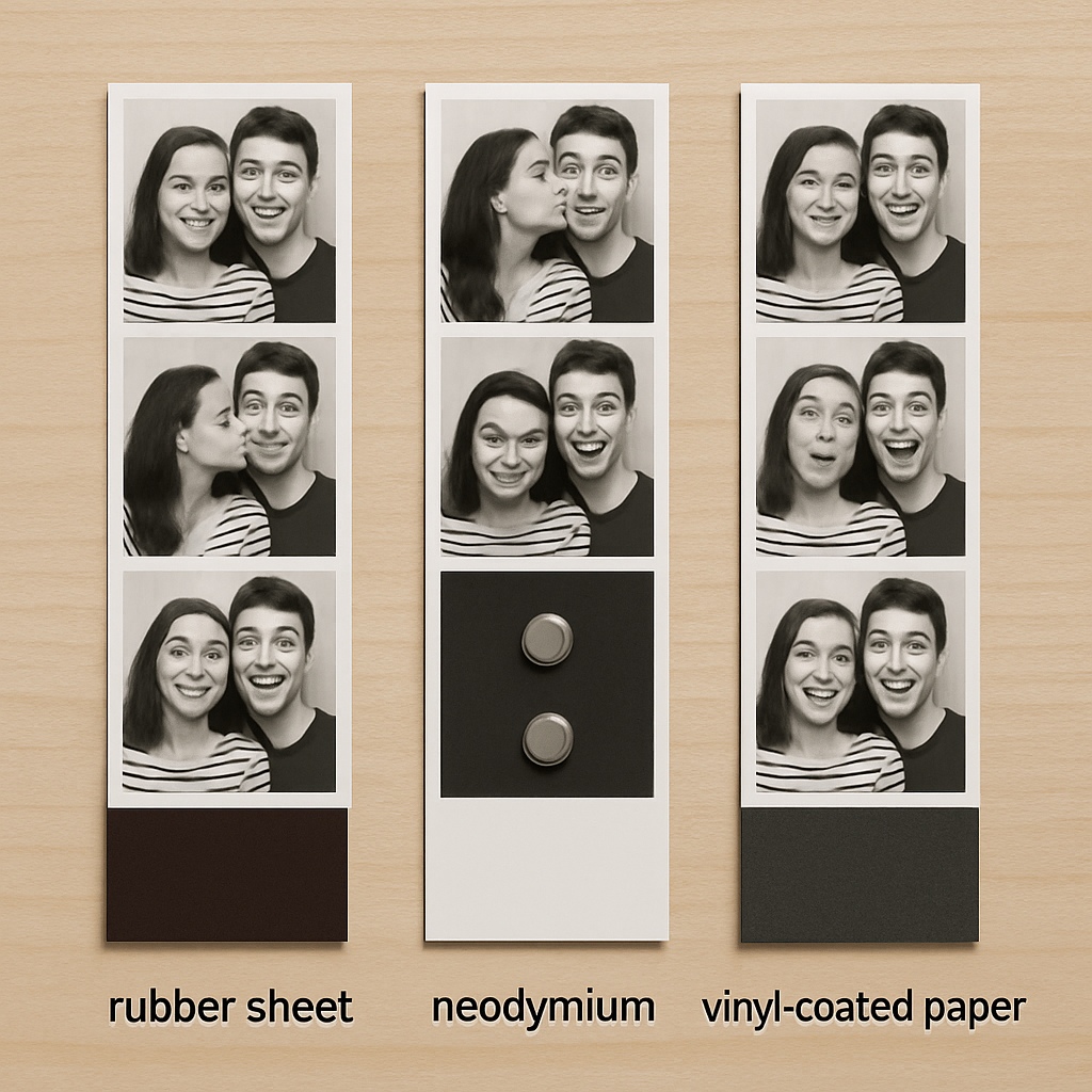 A close‑up of three photo booth magnet strips side‑by‑side, each showing a different magnetic backing—rubber sheet, neodymium, and vinyl‑coated paper. Alt: Different types of photo booth magnet strip backings for easy comparison