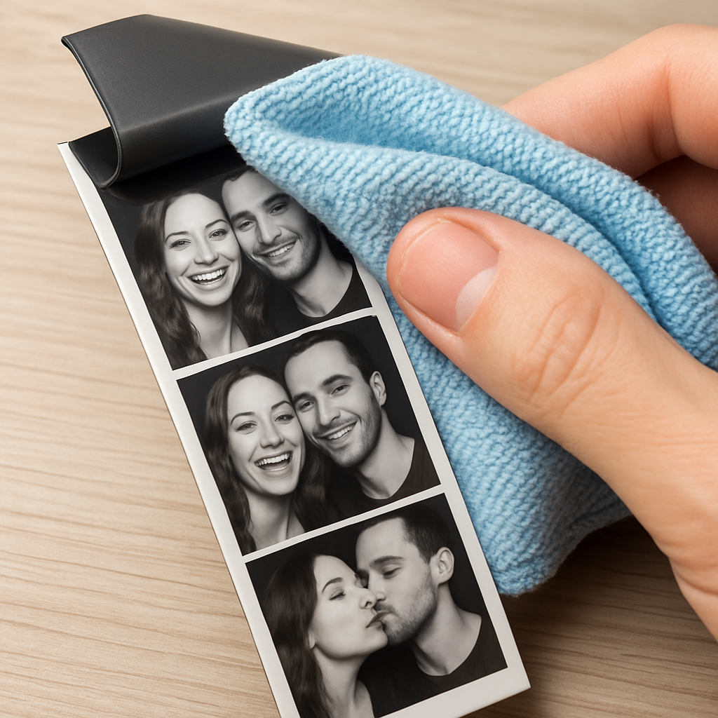 A close-up of a photo booth magnet strip being gently cleaned with a microfiber cloth, showing the glossy surface and magnetic backing. Alt: Clean photo booth magnet strips maintenance tip.