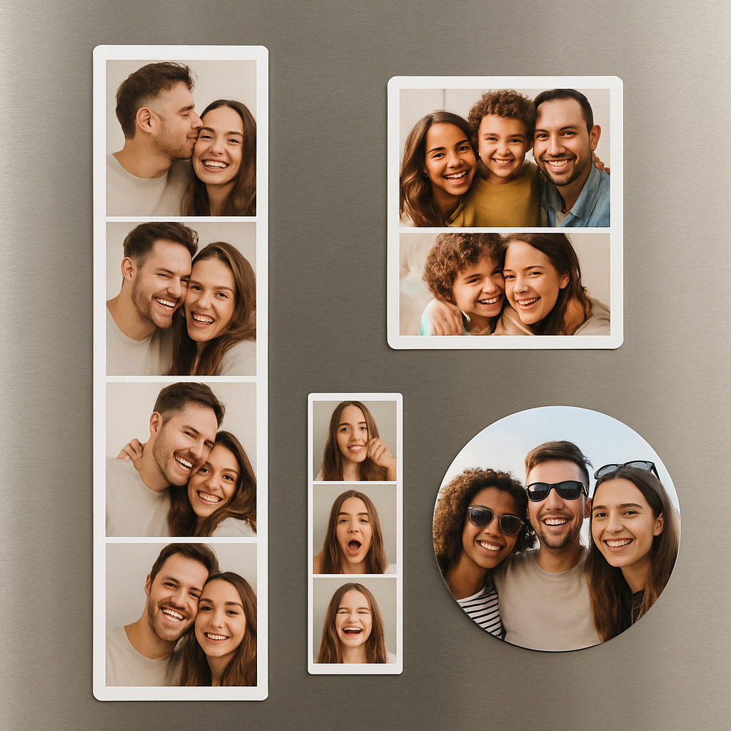 A close‑up of a kitchen fridge with a variety of photo strip magnets in different sizes and shapes, showing a 4x6 rectangular strip, a 3x3 square strip, and a round strip. Alt: Different size and shape photo strip magnets displayed on a fridge.