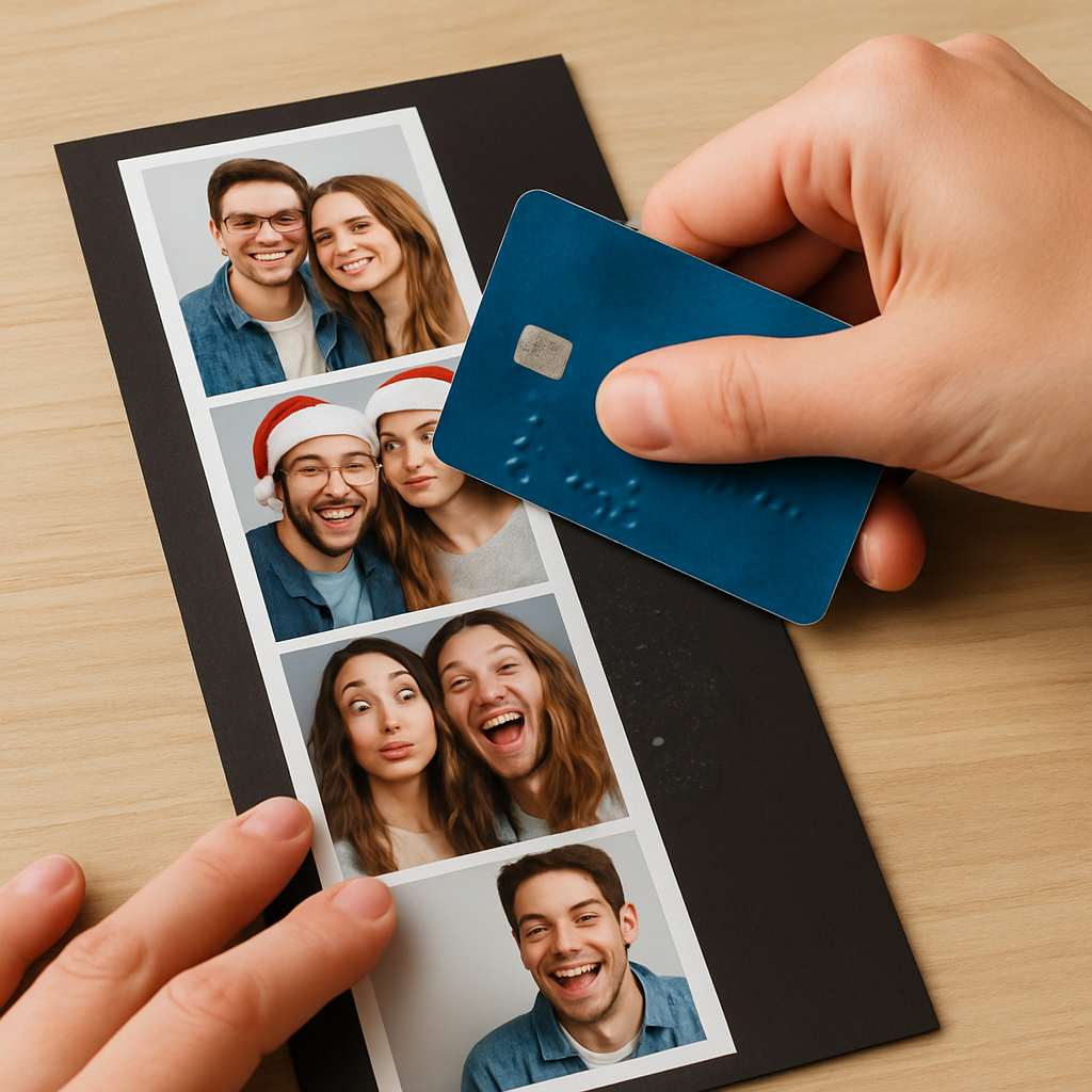 A close‑up of hands applying a printed photo strip onto a magnetic sheet, smoothing out bubbles with a credit card. Alt: Step‑by‑step assembly of photo strip magnets.