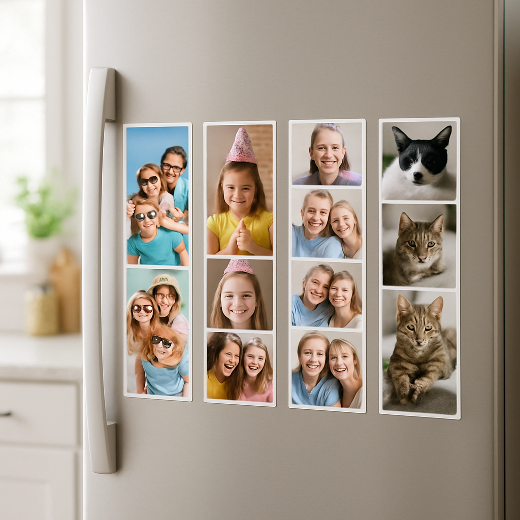 A bright kitchen fridge with several photo strip magnets displayed in a tidy row, showing a mix of family vacation, birthday, and pet photos. Alt: Photo strip magnets arranged on a refrigerator door, demonstrating proper placement and care.
