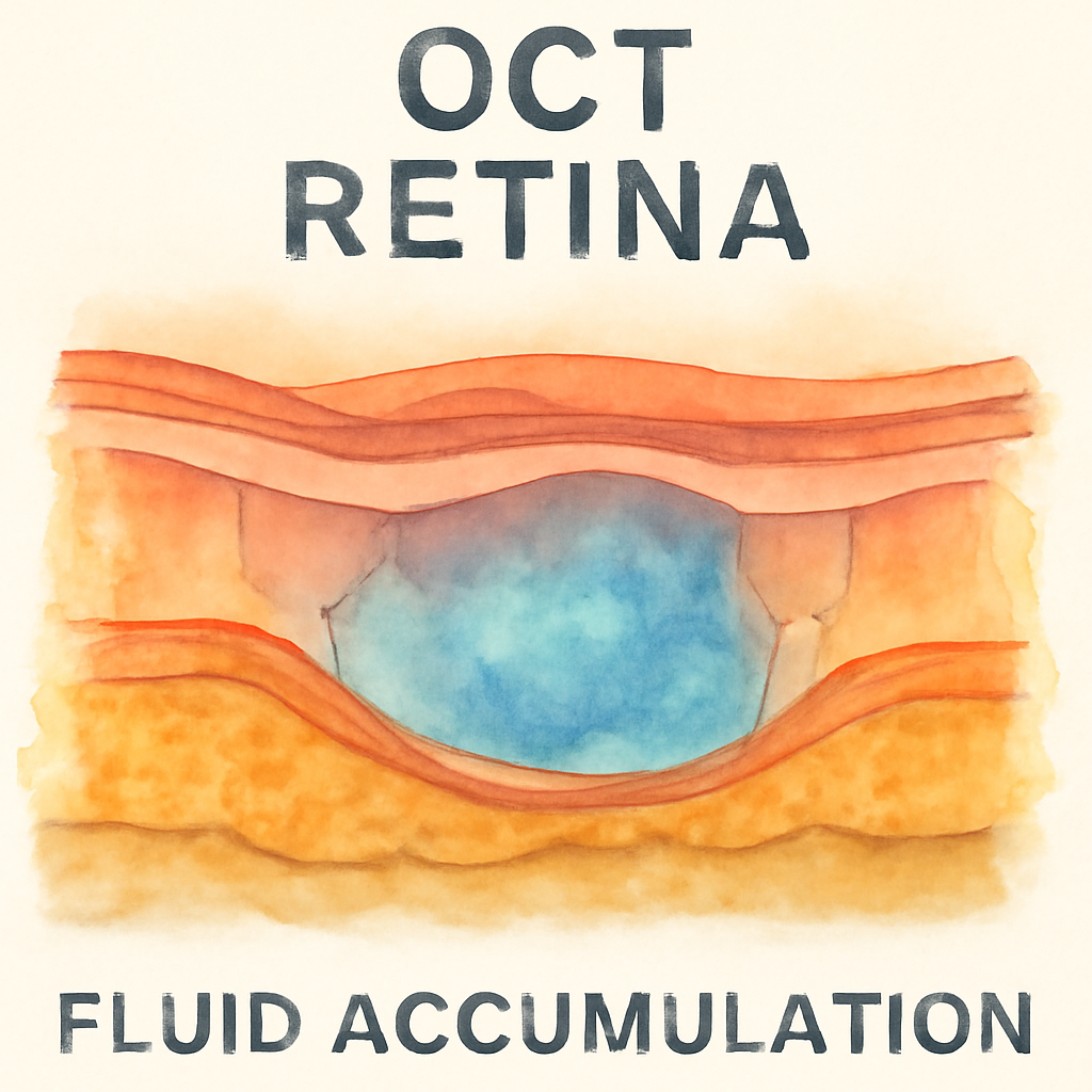 A high‑resolution illustration of a cross‑sectional OCT scan of the retina showing fluid accumulation. Alt: OCT scan of retina with fluid accumulation