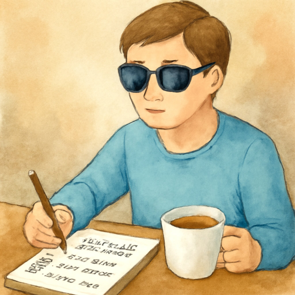 A patient following a post‑laser eye care routine at home, using sunglasses, a notepad to record symptoms, and a cup of tea for relaxation. Alt: Post‑treatment eye care checklist illustration.