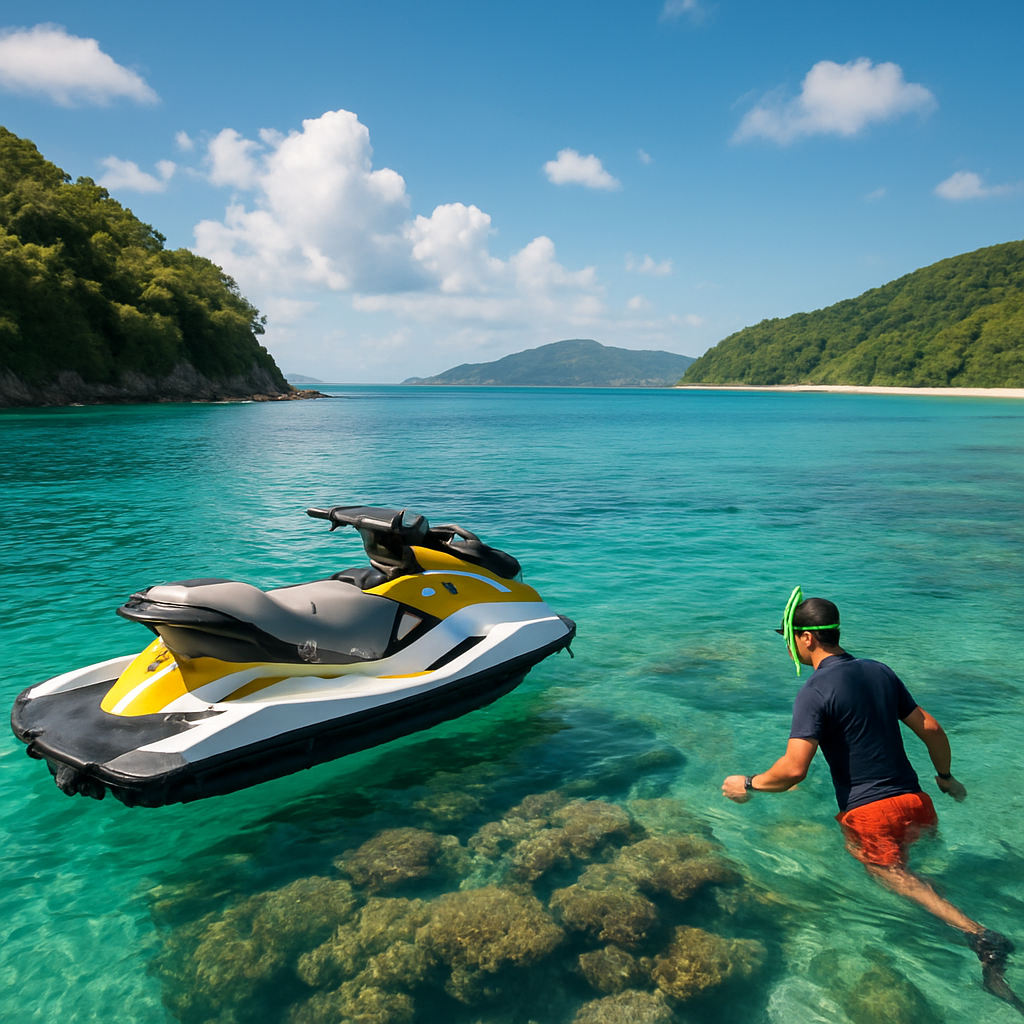 A sunny Phuket coastline with a jet ski parked near a coral reef, a snorkeler ready to dive in. Alt: Phuket jet ski snorkeling tour scenic view.
