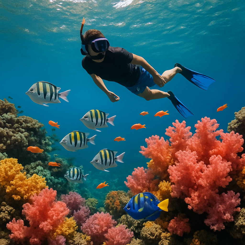 A snorkeler gliding above a vibrant reef with colorful fish and soft corals, showing the underwater world of a Phuket jet ski snorkeling tour. Alt: Phuket jet ski snorkeling tour underwater marine life