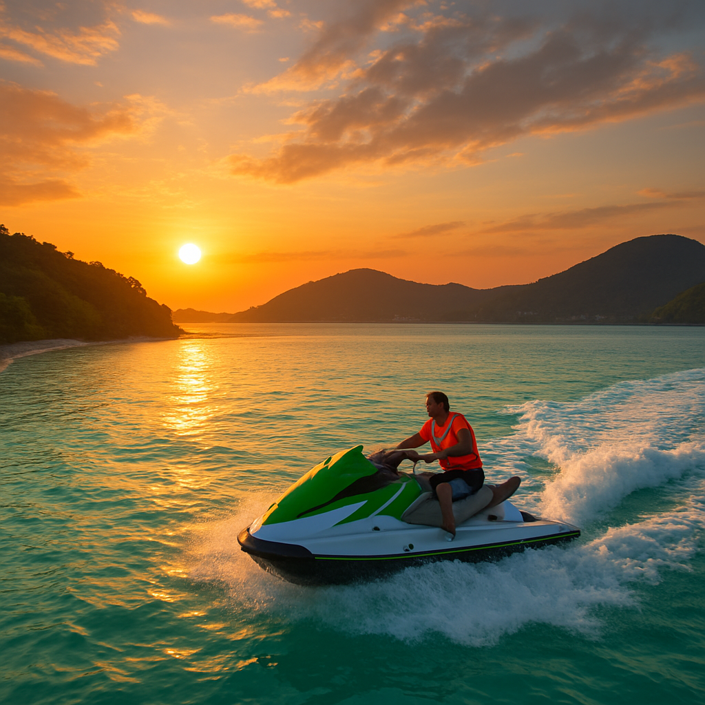 A bright sunrise over Phuket’s coastline with a jet ski gliding through turquoise water, highlighting the excitement of a 4‑hour tour. Alt: Phuket jet ski tour 4 hours adventure