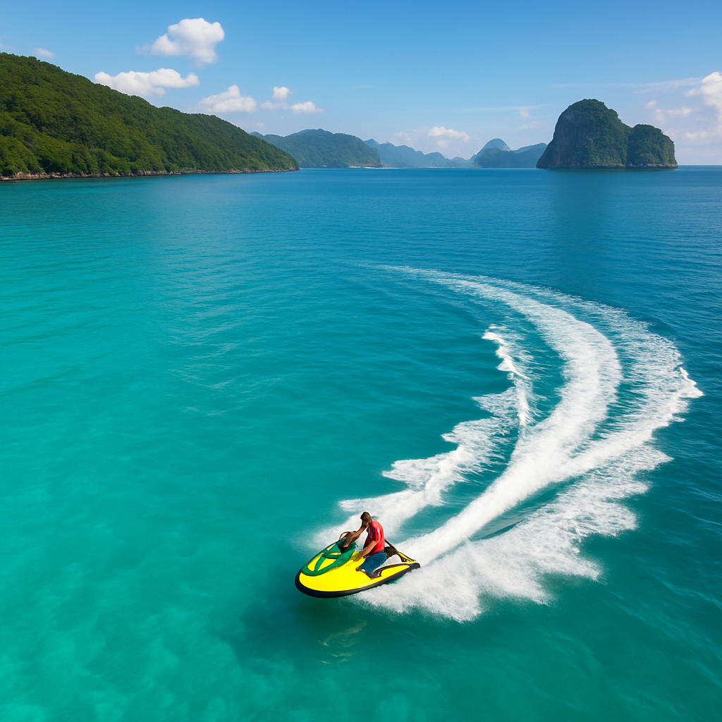 A vibrant aerial view of a jet ski gliding near Patong Bay with turquoise water and distant limestone cliffs. Alt: Phuket jet ski tour 4 hours exploring key destinations