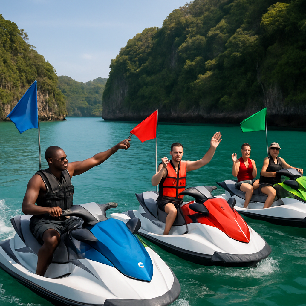 A group of diverse tourists on jet skis, each with a colored flag attached to the handlebars, riding together near a turquoise cove in Phuket. Alt: Managing group dynamics on a Phuket jet ski tour with colored flags and hand signals.
