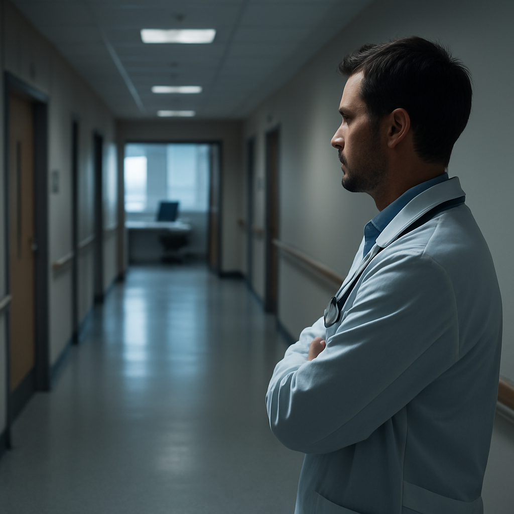 A clinician looking out from a busy hospital corridor, contemplating a calm workspace. Alt: Hospital corridor with thoughtful clinician