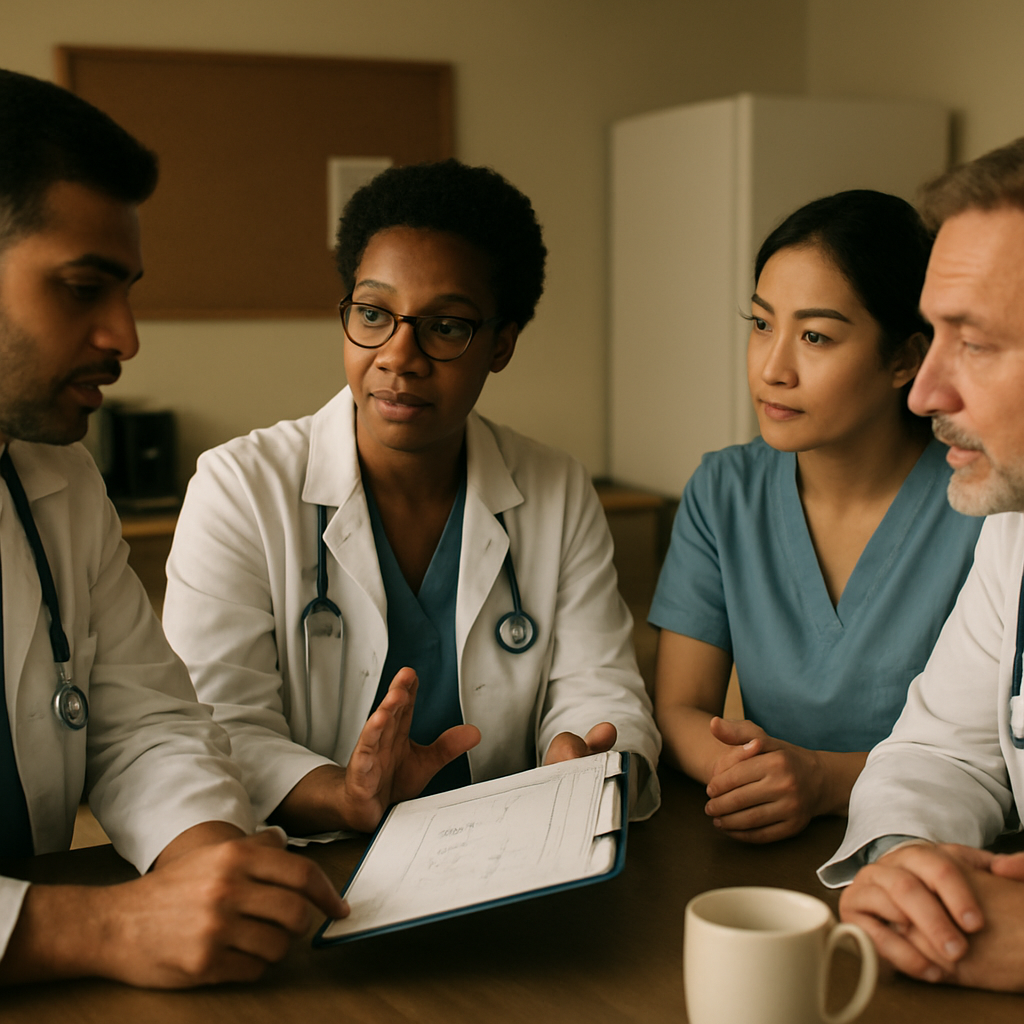 A diverse group of clinicians in a break room discussing a chart, with a calm atmosphere. Alt: Clinicians engaging in a wellness discussion in a hospital setting.
