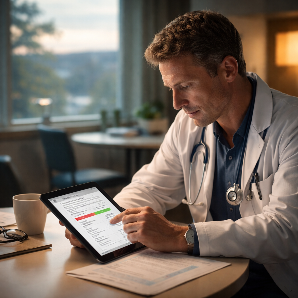 A cinematic, photorealistic scene of a doctor sitting at a desk in a softly lit hospital break room, filling out a tablet‑based burnout questionnaire. The background shows a calm window view, and the doctor’s expression shifts from tired to focused as they see their results. Alt: physician burnout early detection questionnaire in use.