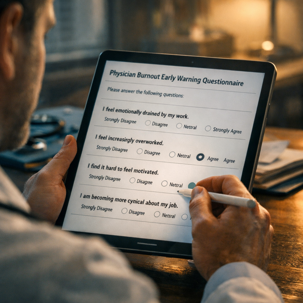 A cinematic style illustration of a clinician filling out a short digital questionnaire on a tablet, showing clear Likert scale options and a calm office background. Alt: physician burnout early warning questionnaire example.