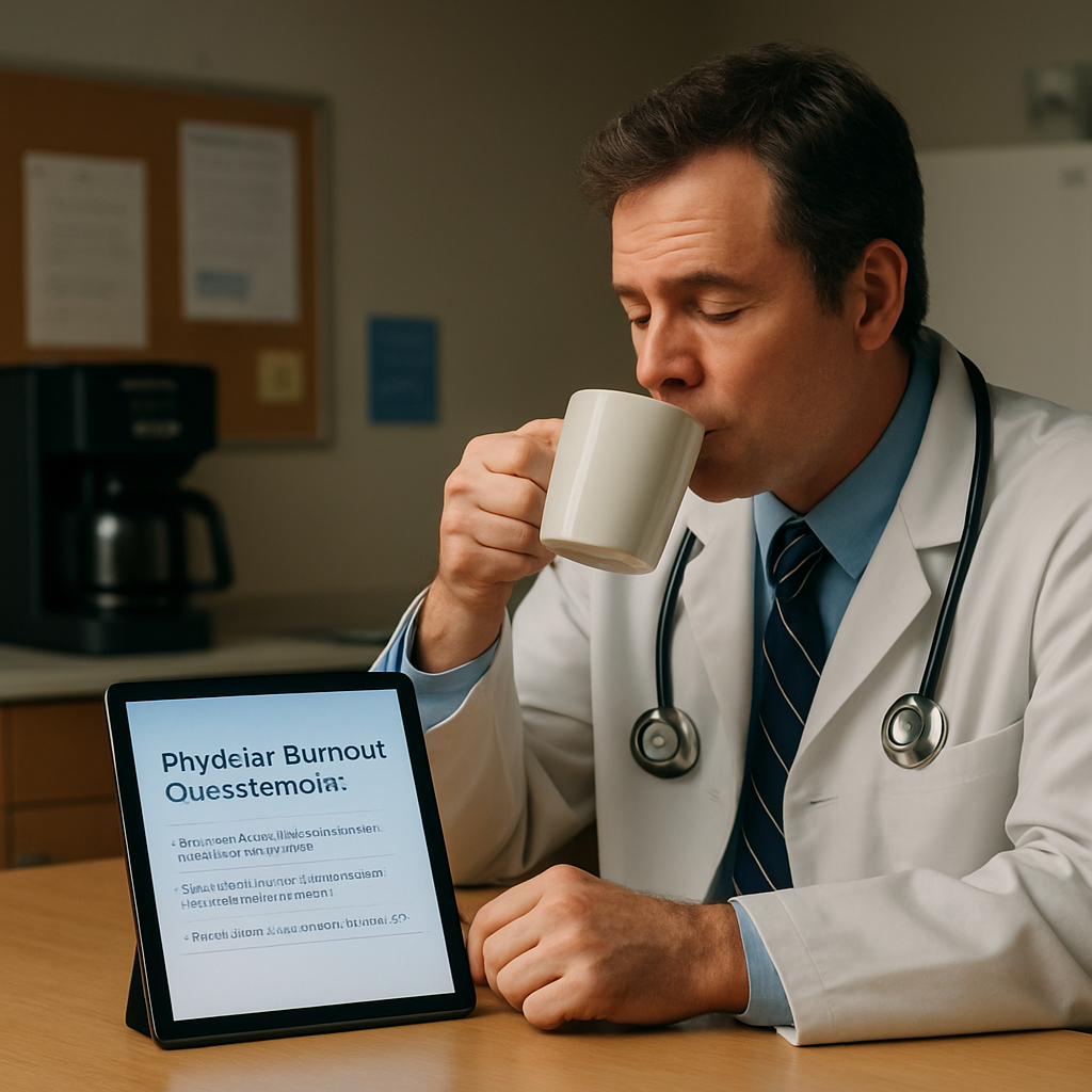 A calm hospital break room with a coffee machine, a tablet displaying a short questionnaire, and a physician sipping tea. Alt: physician burnout questionnaire in a relaxed break room setting.