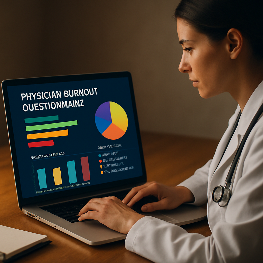 A clinician sitting at a desk with a laptop, reviewing a colorful burnout questionnaire dashboard. Alt: physician burnout questionnaire purpose visualization