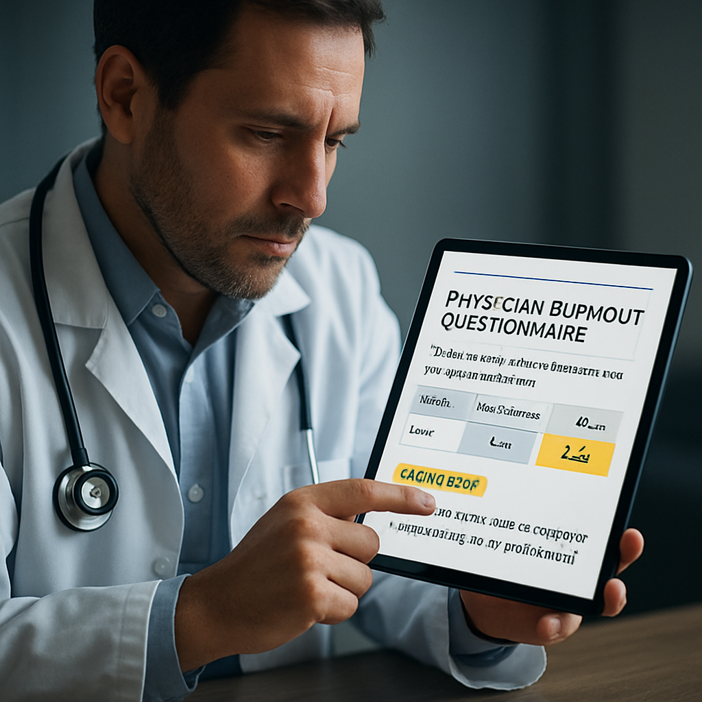A physician reviewing a digital questionnaire on a tablet, with highlighted scoring thresholds and action prompts. Alt: physician burnout questionnaire structure and scoring logic illustration.