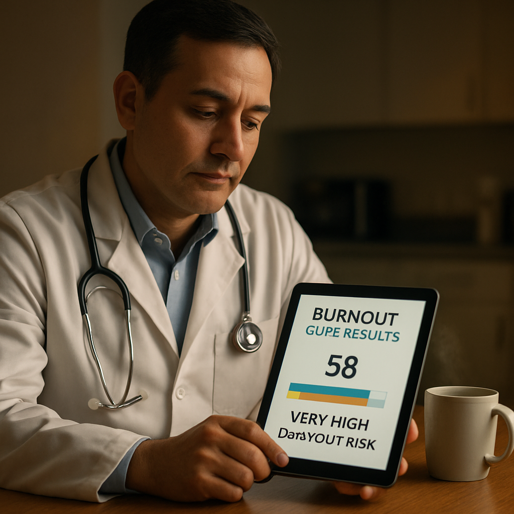 A cinematic, photorealistic scene of a physician sitting at a desk in a softly lit break room, reviewing a digital burnout quiz result on a tablet, with a calm expression and a cup of coffee steaming beside them. Alt: Physician reviewing burnout quiz results in a quiet break room, showcasing the physician burnout quiz.
