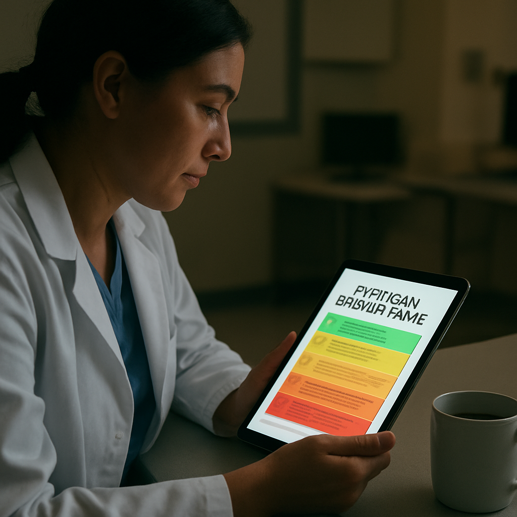 A cinematic, photorealistic scene of a clinician sitting at a hospital workstation, reviewing a colour‑coded physician burnout quiz chart on a tablet, soft ambient lighting highlighting the chart, a coffee mug beside the device, reflecting a calm moment of self‑reflection. Alt: Clinician tracking burnout quiz progress on a tablet in a quiet break room