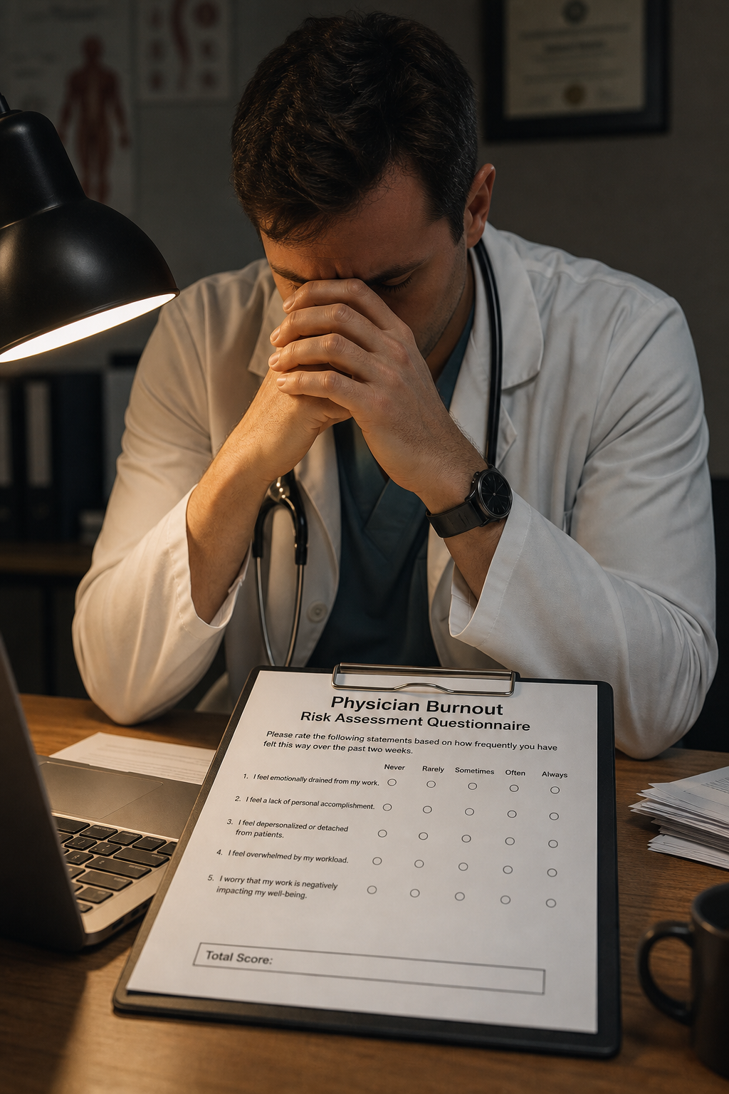 A photorealistic image related to physician-burnout-risk-assessment-questionnaire. Alt: physician-burnout-risk-assessment-questionnaire