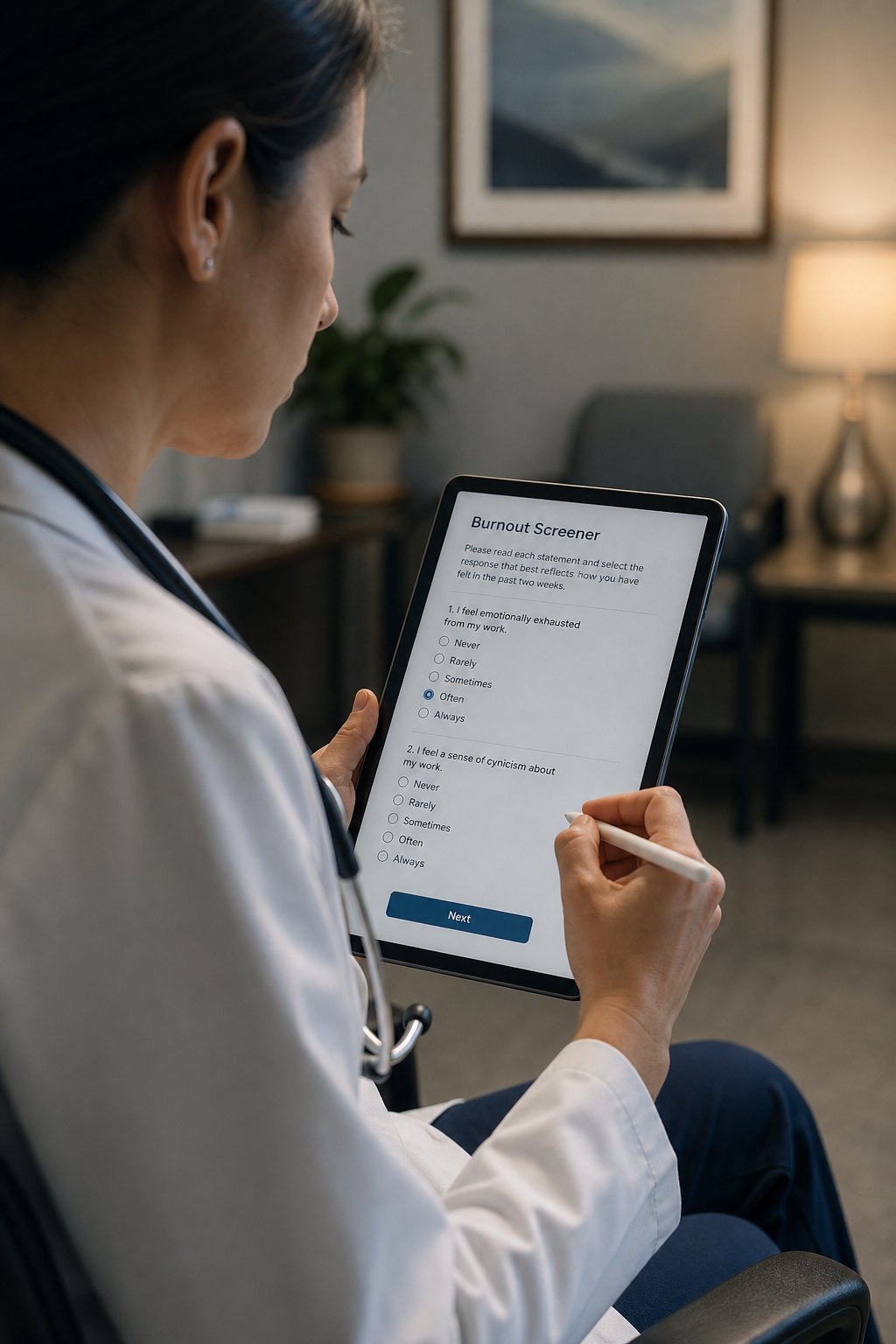 A cinematic close-up of a clinician filling out a short burnout survey on a tablet in a quiet clinic room. Alt: clinician filling out a burnout screener on a tablet.