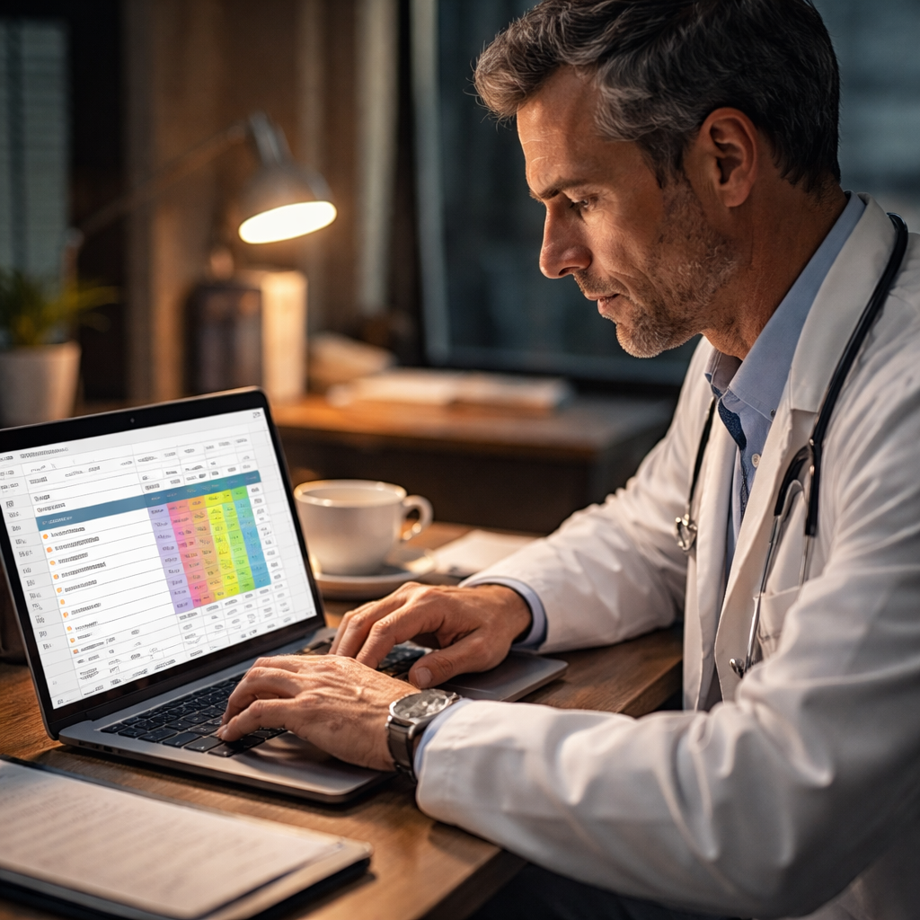A cinematic scene of a doctor sitting at a desk, laptop open, entering self‑assessment scores into a spreadsheet. Alt: physician entering burnout risk data into a spreadsheet, clear UI, calm lighting