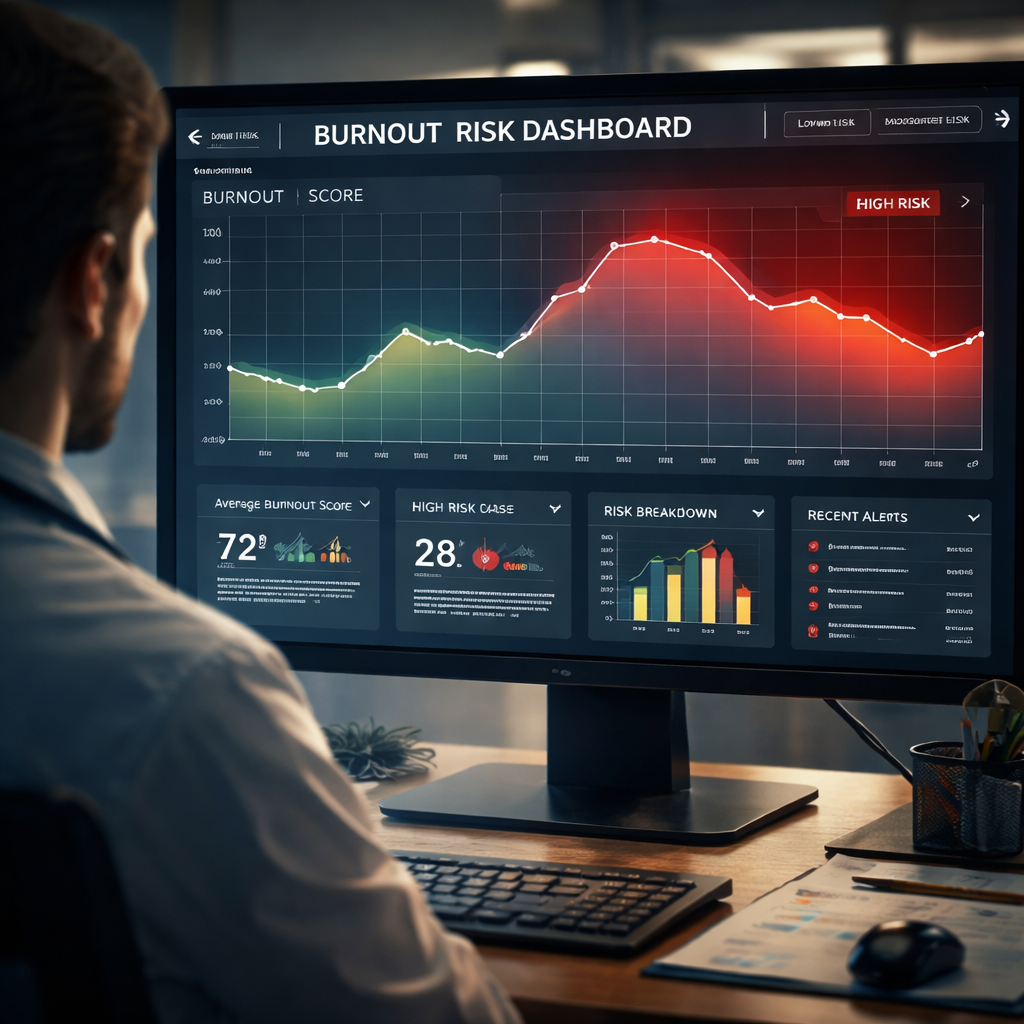 A cinematic illustration of a clinician’s dashboard with line graphs, bar charts, and color‑coded risk zones, showing burnout score trends over months. Alt: physician burnout risk visualization dashboard, line chart with red high‑risk area