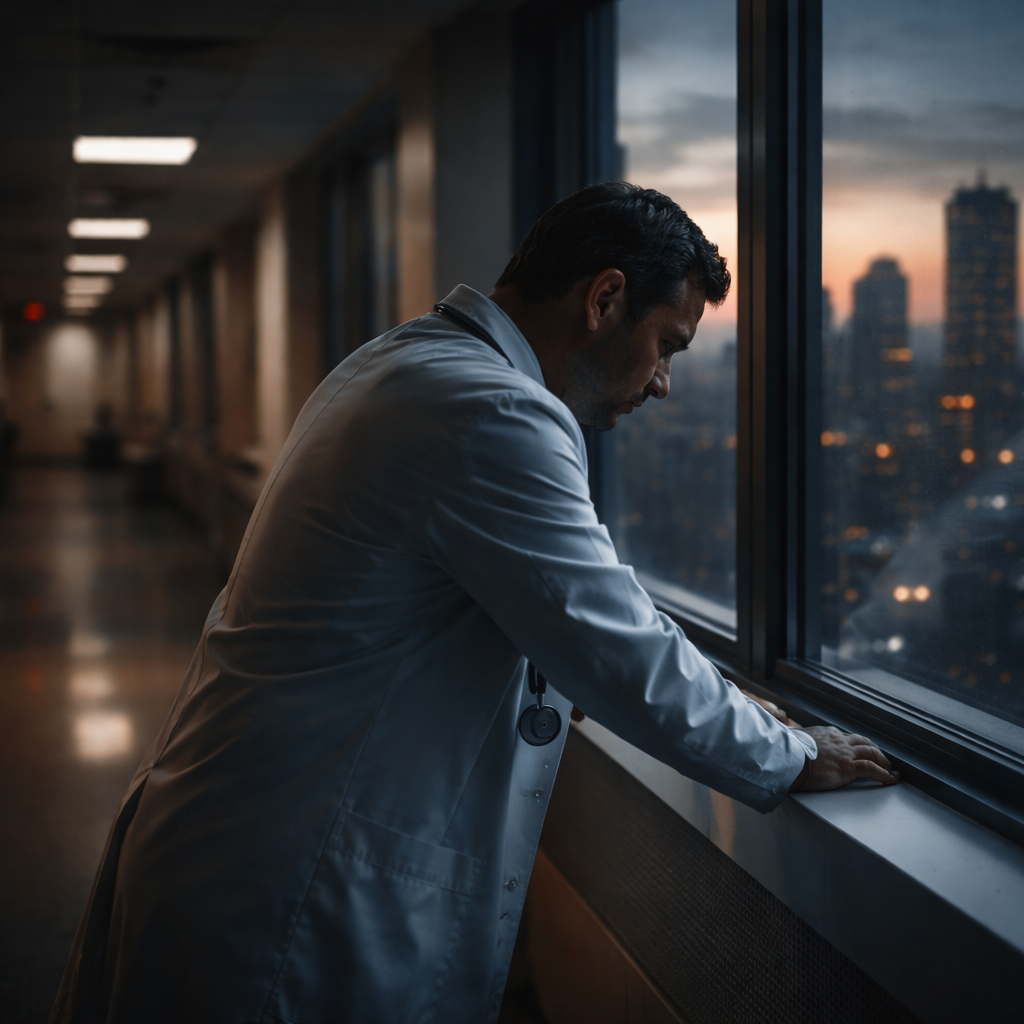 A cinematic scene of a hospital corridor at dusk, lights dimming, a tired doctor pausing by a window, looking out over the city skyline. The image captures the weight of physician burnout statistics, with soft dramatic lighting and depth of field, evoking a reflective mood. Alt: physician burnout statistics visual.
