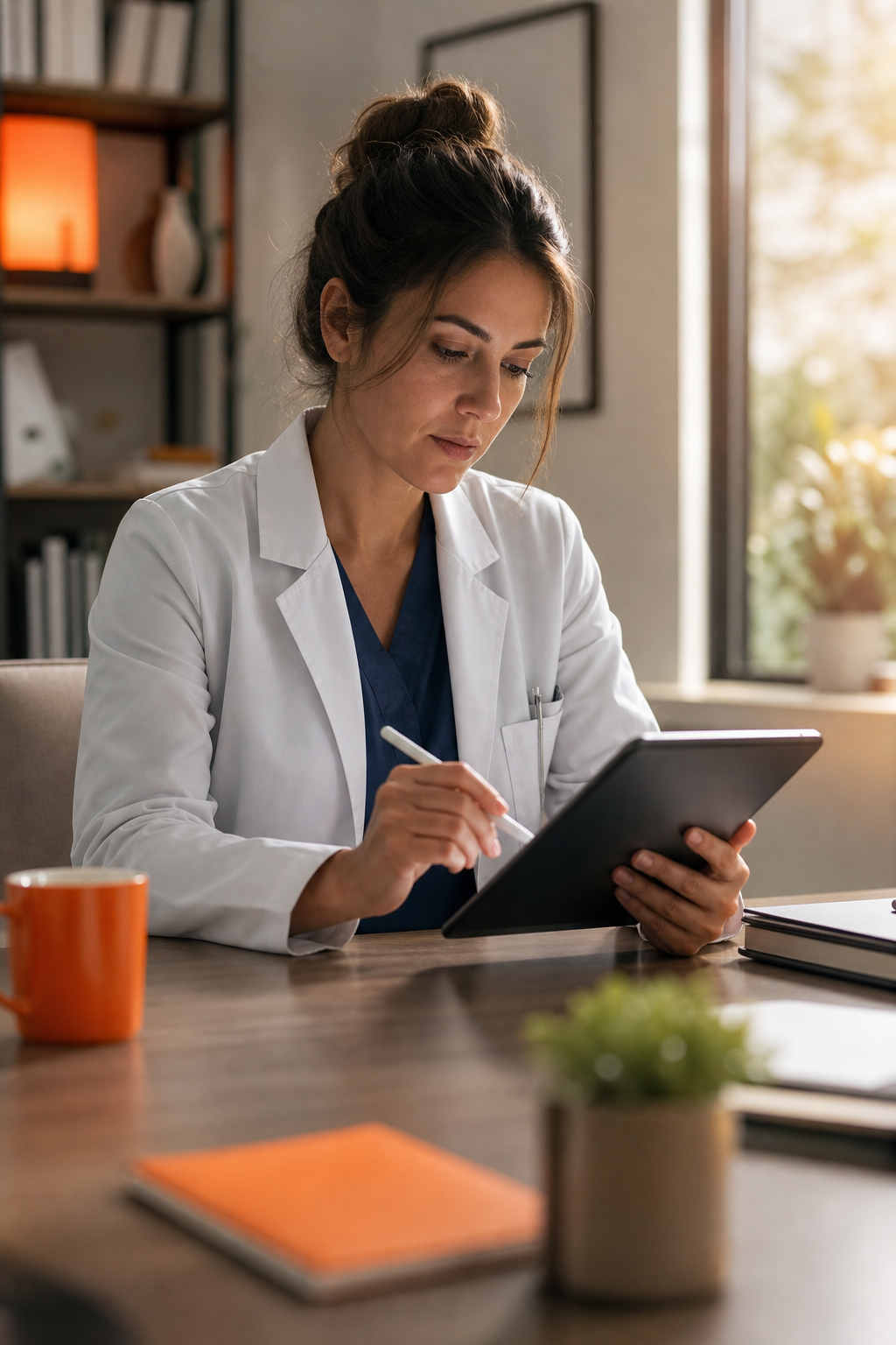 A physician sitting at a desk in a quiet office, filling out a digital questionnaire on a tablet, soft natural light, cinematic composition. Alt: Physician completing mental health self-assessment