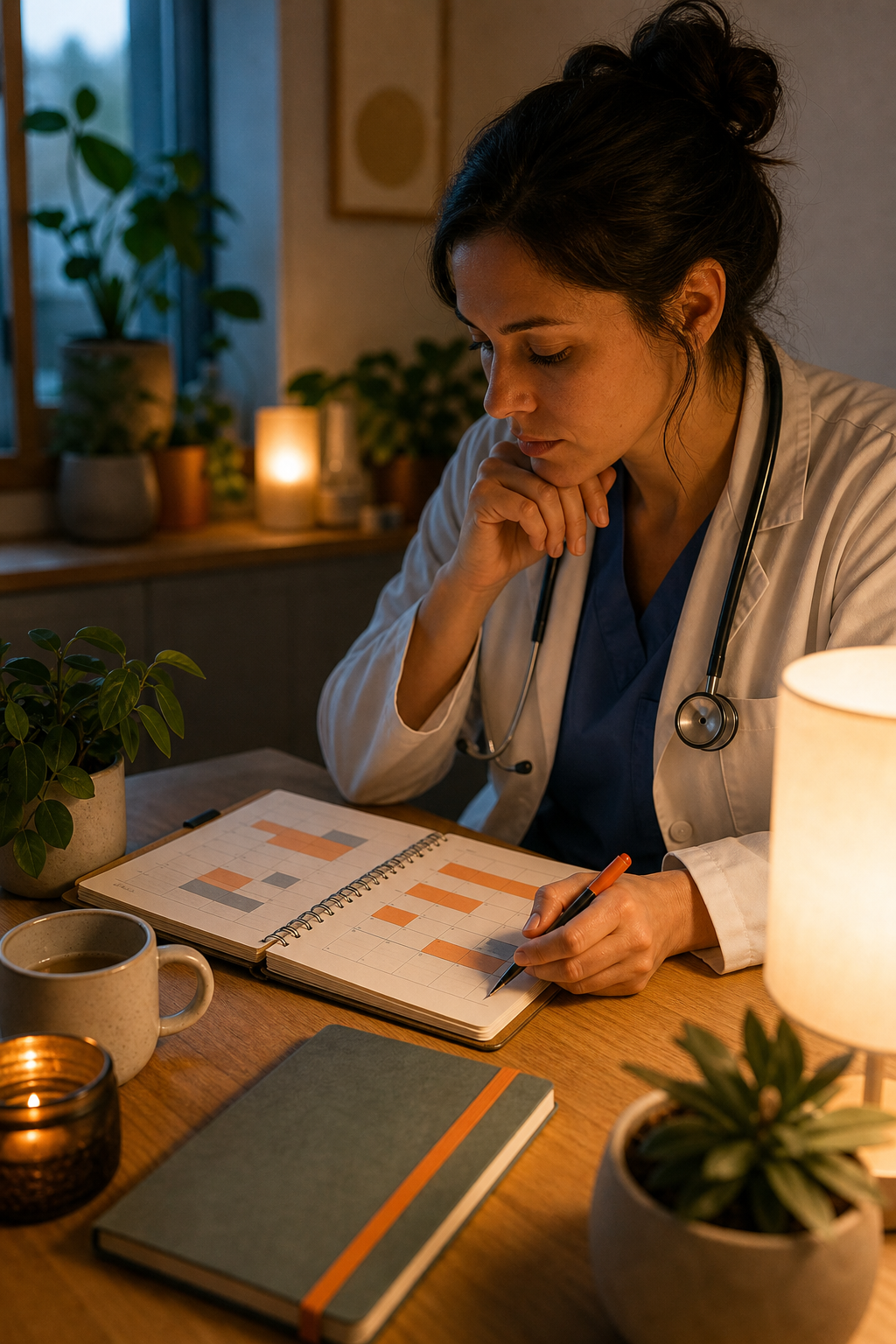 A physician looking at a calm home desk with a planner showing blocked rest time, plants, and a warm lamp, cinematic shot. Alt: Physician planning work-rest schedule with time blocks for rest