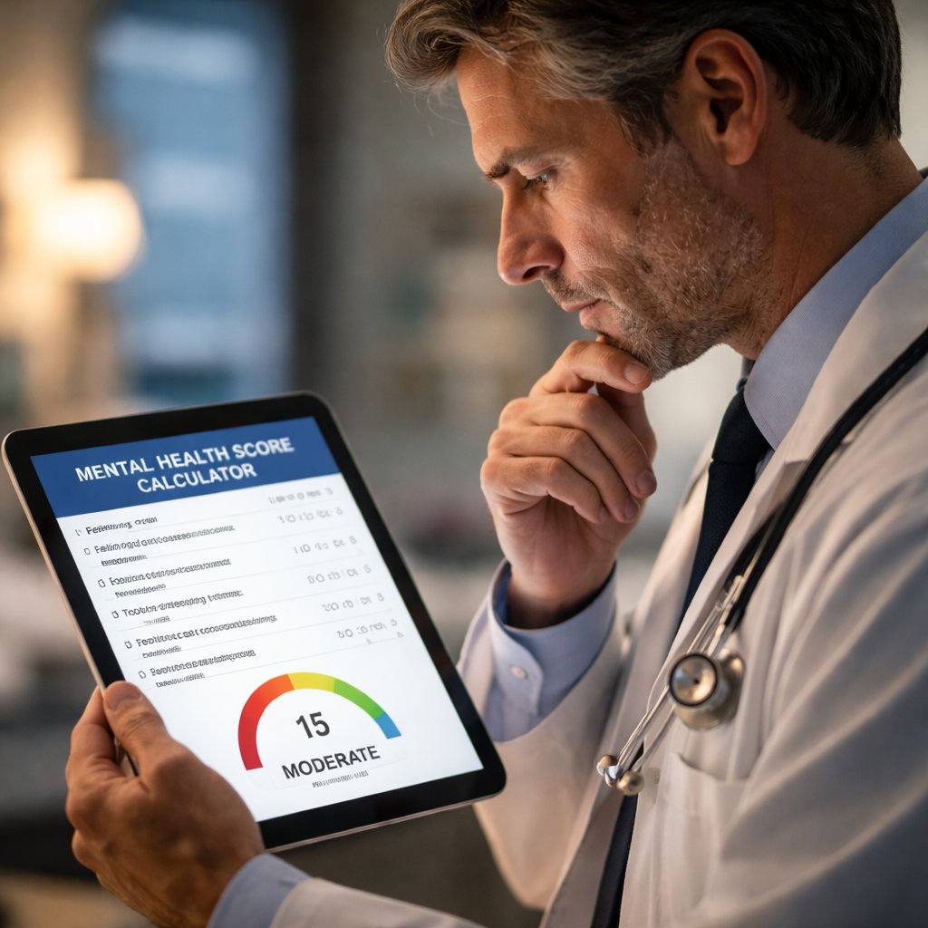 A cinematic scene showing a physician reviewing a mental health score calculator on a tablet, with soft hospital lighting, focusing on the screen and the clinician's thoughtful expression. Alt: physician using mental health score calculator