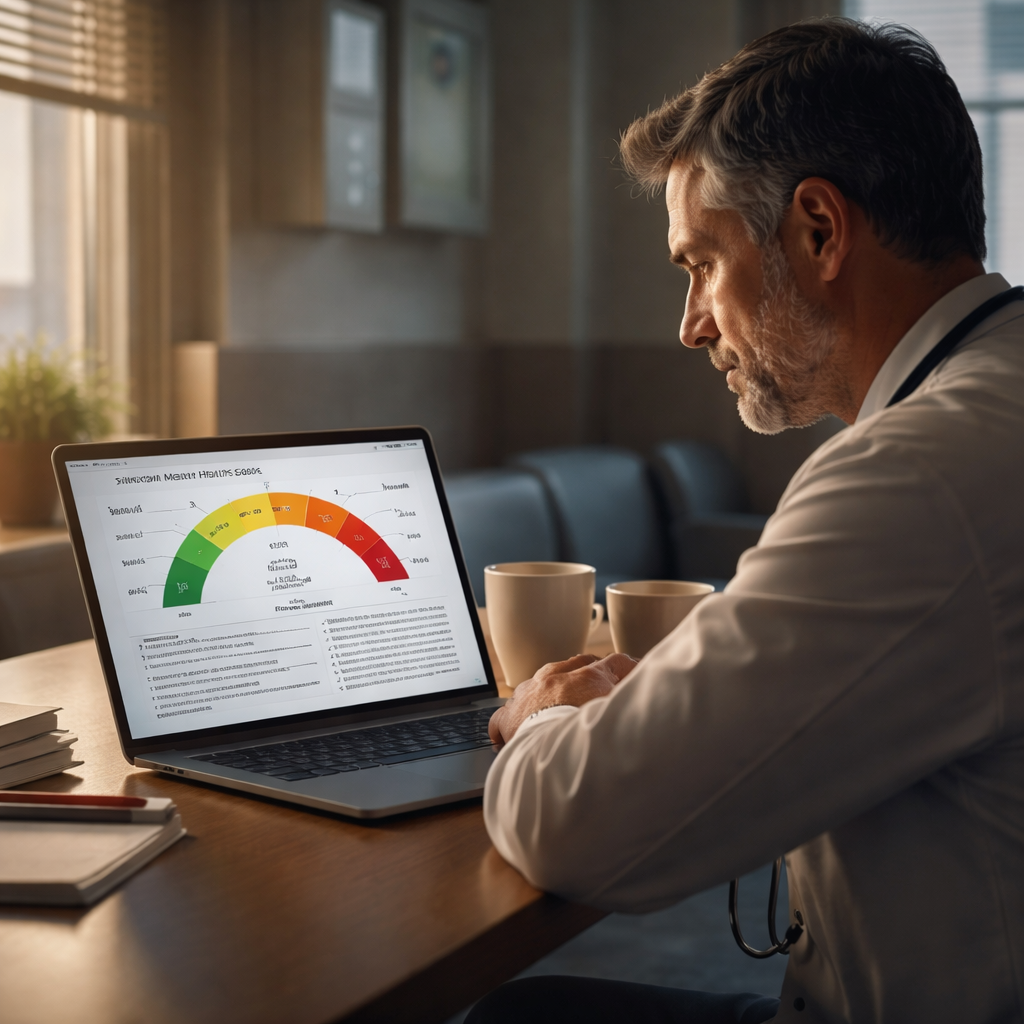 A cinematic, photorealistic scene of a doctor in a quiet break room looking at a laptop screen displaying a colour‑coded physician mental health score chart, soft window light creates a calm mood, alt: physician mental health score calculator analysis and action plan