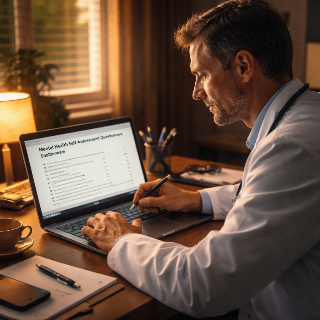 A cinematic scene of a physician sitting at a desk, filling out a mental health self-assessment questionnaire on a laptop, soft evening light through a window, showing focus and calm. Alt: physician mental health self assessment questionnaire.