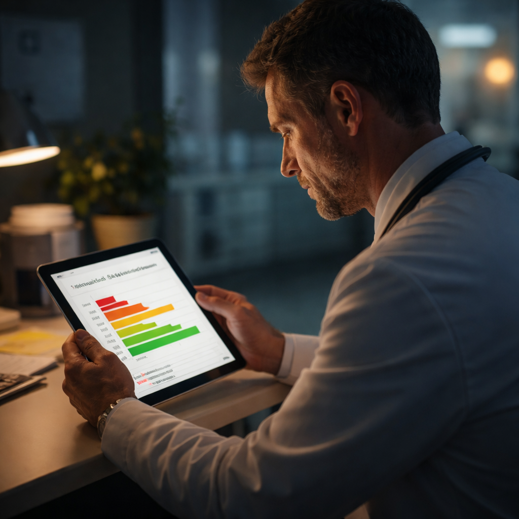 Cinematic scene of a doctor reviewing a colour‑coded score sheet on a tablet in a quiet hospital office, soft lighting highlighting the red, amber, and green indicators. Alt: physician mental health self assessment questionnaire score visualization.
