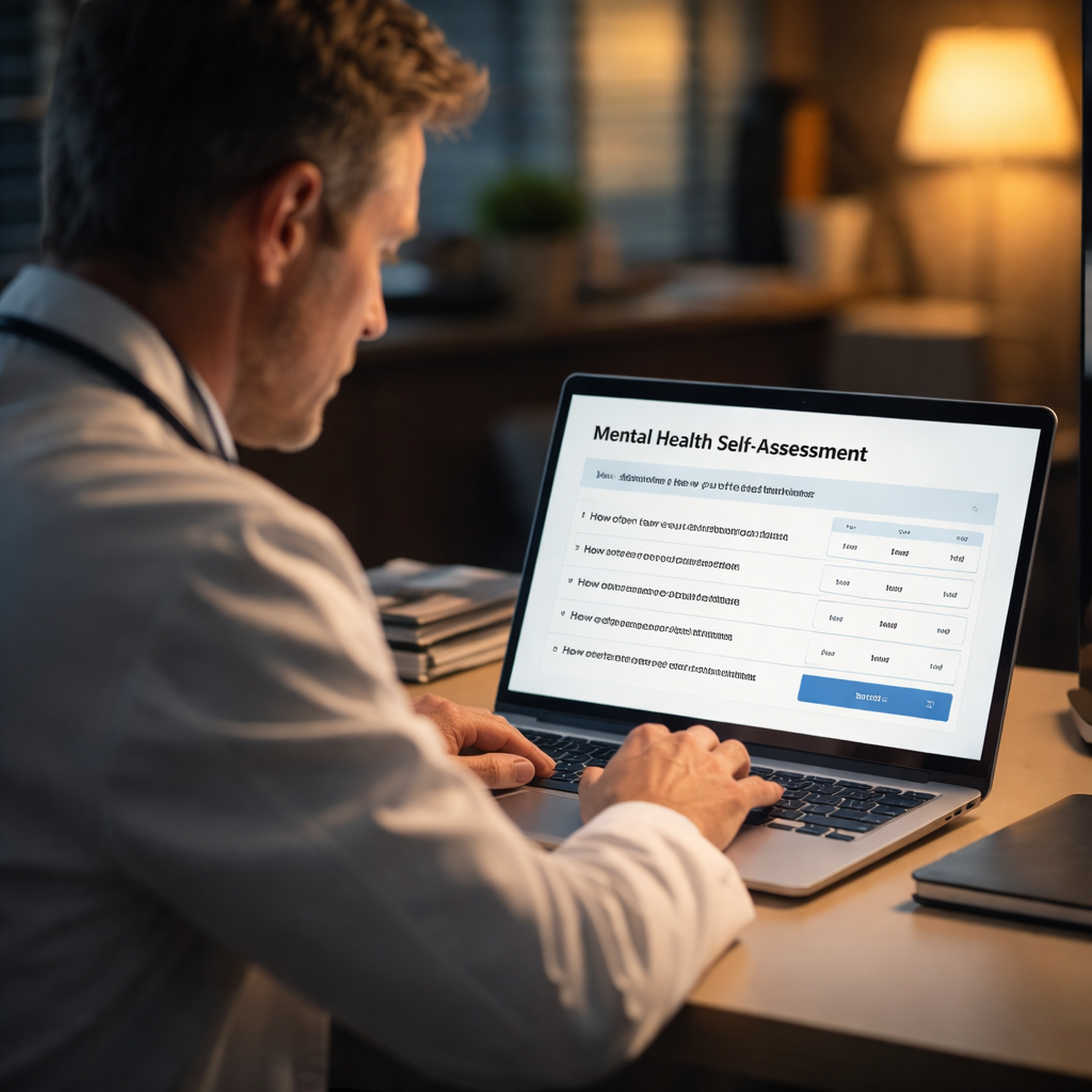 A cinematic scene of a doctor sitting at a laptop, looking at a simple online questionnaire on screen. Alt: physician mental health self assessment tool free interface