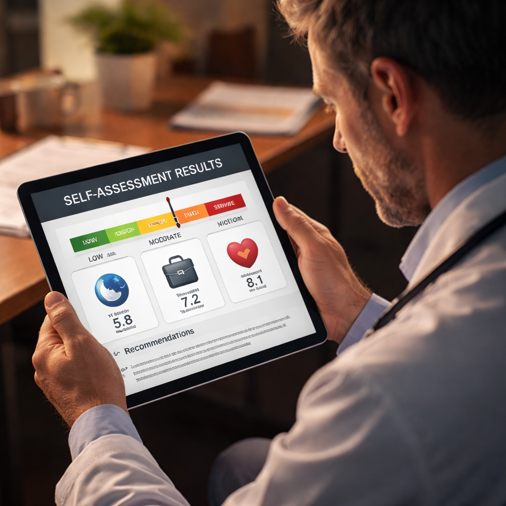 A cinematic illustration of a doctor reviewing a color‑coded risk chart on a tablet, with icons for sleep, workload, and emotional health. Alt: physician mental health self assessment tool free result interpretation