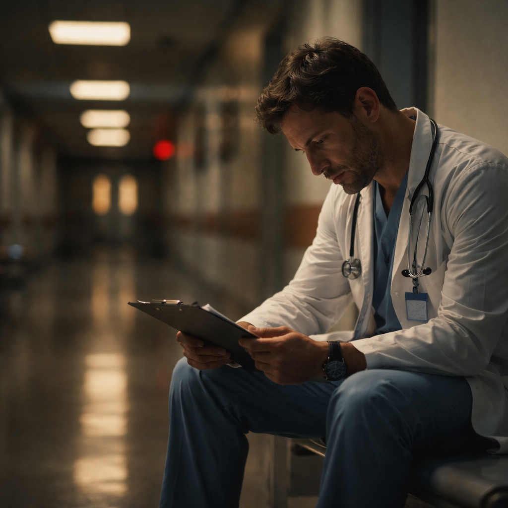 A cinematic scene of a weary physician sitting alone in a dimly lit hospital corridor, looking at a clipboard, with soft light highlighting the fatigue and contemplation. Alt: physician recognizing burnout warning signs