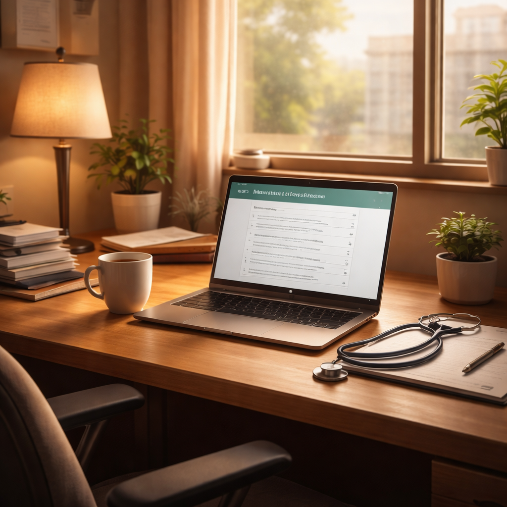 A cinematic illustration of a calm, private office corner with a laptop, a coffee mug, and soft natural light, representing a safe space for a physician to take a mental health self‑screen. Alt: private screening routine setting