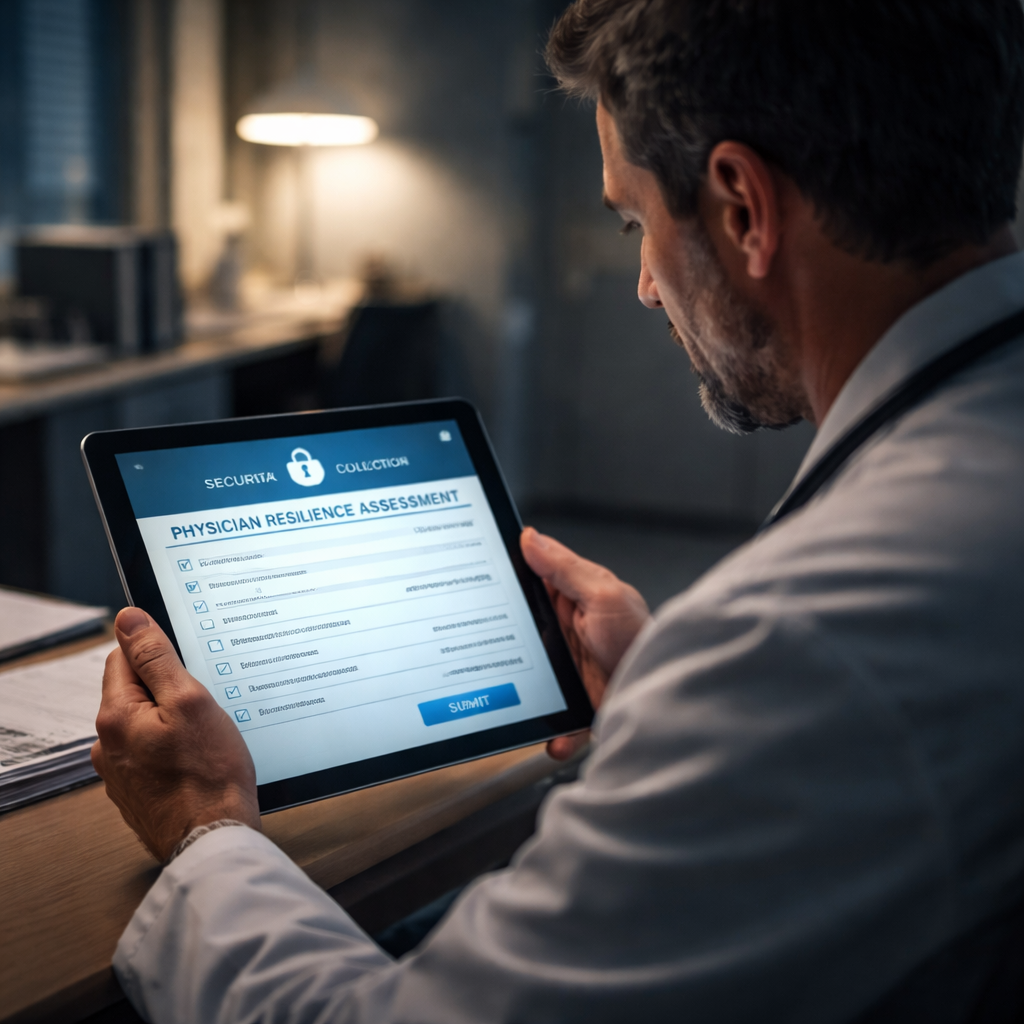 A cinematic scene of a doctor reviewing encrypted data on a tablet in a quiet hospital office, soft dramatic lighting, focus on the screen displaying a secure questionnaire, Alt: physician resilience assessment online secure data collection