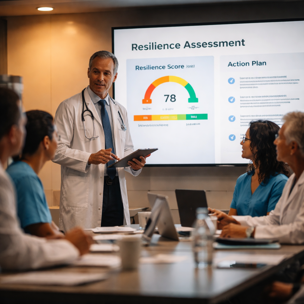 A cinematic scene of a hospital conference room where a physician leads a brief huddle, charts on a screen show resilience scores, soft focused lighting, alt: physician resilience assessment online action plan meeting