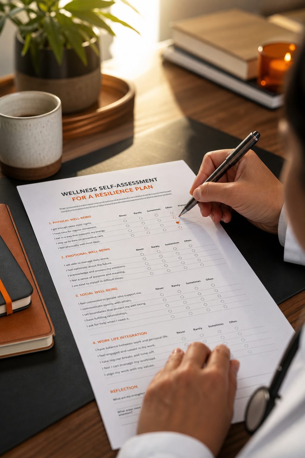 A physician sitting at a desk writing on a printed wellness assessment form, soft natural light, focus on the paper and pen. Alt: Physician completing a wellness self-assessment for a resilience plan.