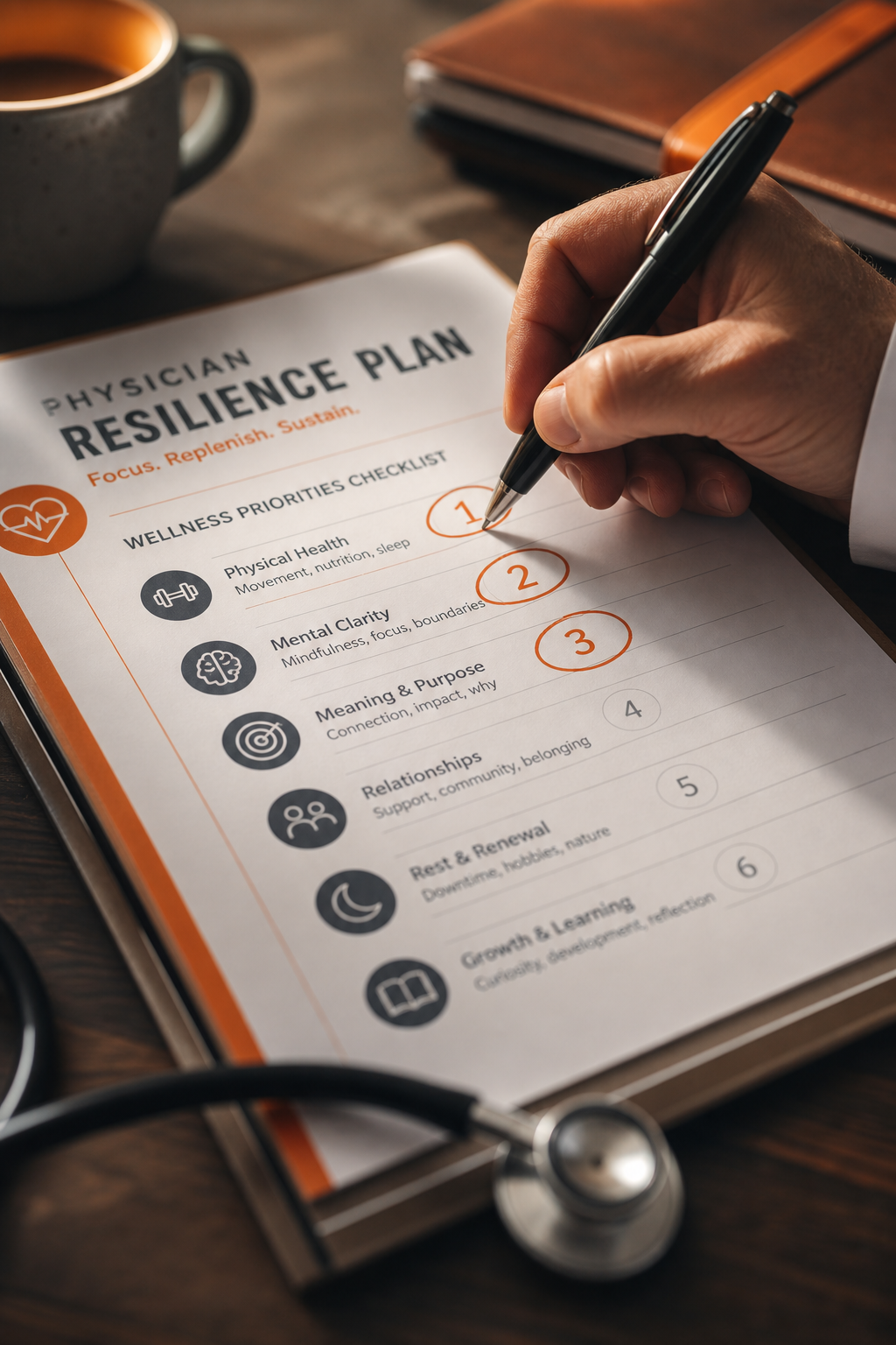 A close-up of a physician's hand circling three high-priority items on a printed wellness priorities checklist. Alt: Physician prioritizing wellness pillars on a resilience plan template.