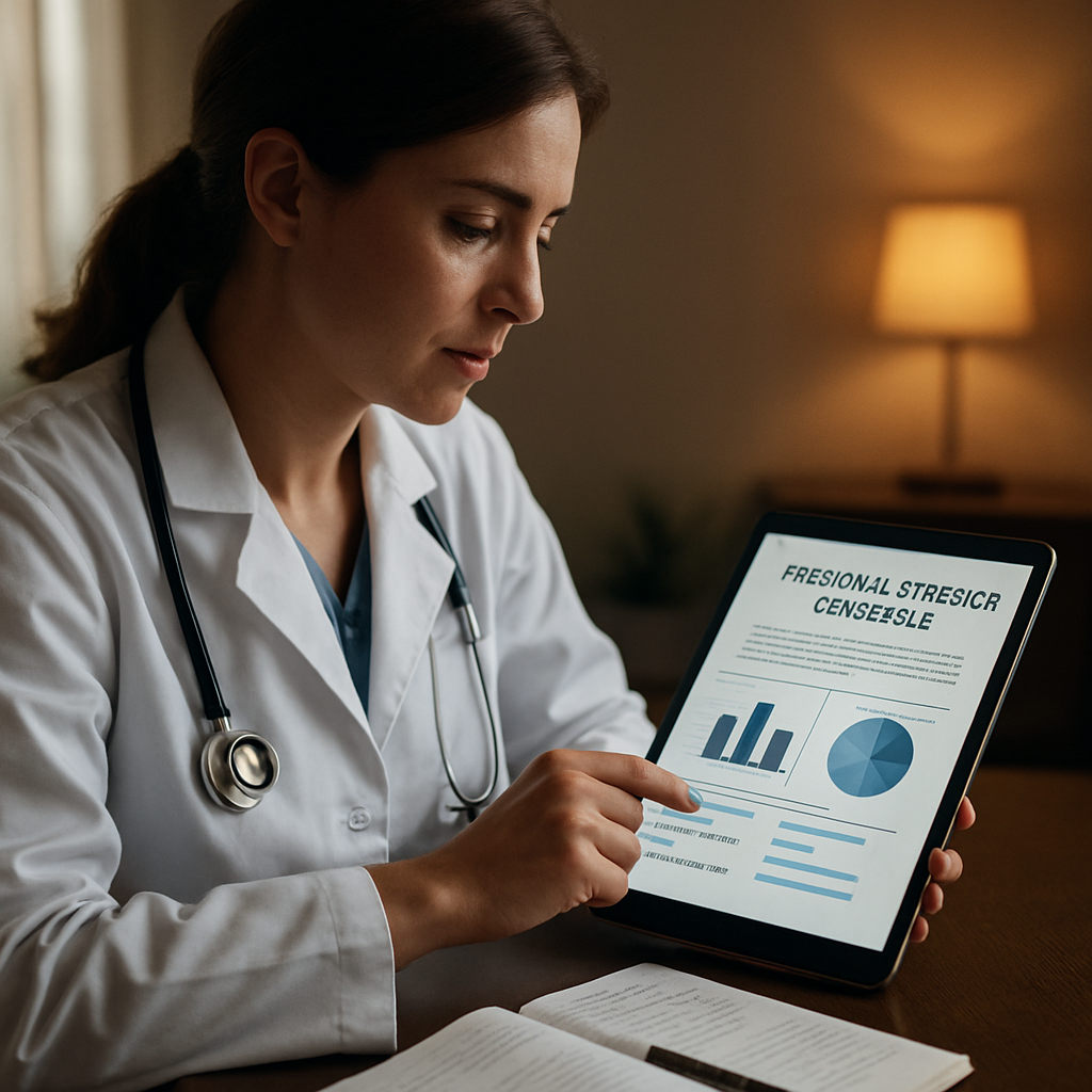 A clinician reviewing a personal stressor checklist on a tablet, showing charts and a calm environment. Alt: physician resilience assessment tools