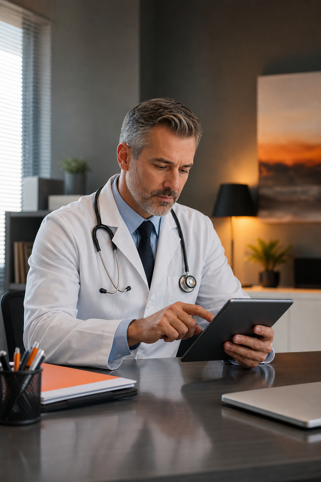 A cinematic style scene of a physician entering data into a stress calculator on a tablet, showing a calm clinic environment. Alt: physician using stress level calculator