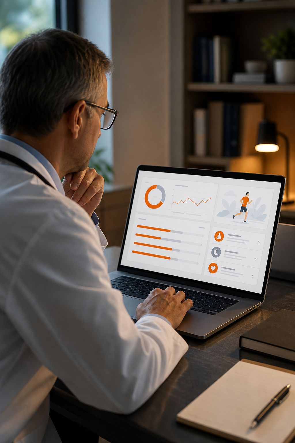 A cinematic style illustration of a doctor reviewing a personalized wellbeing report on a laptop, with charts and resource links visible. Alt: physician reviewing e7D‑Wellness recommendations