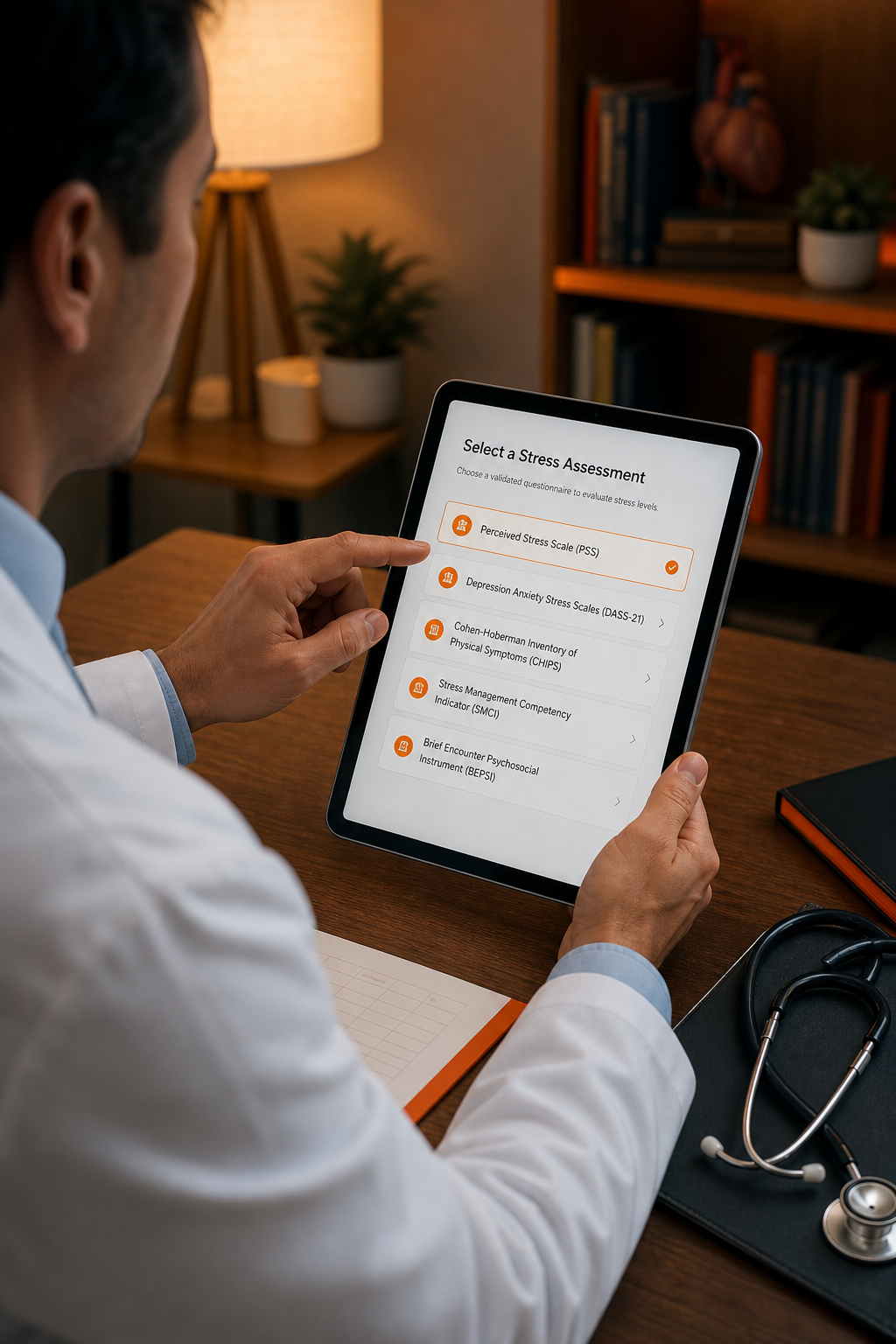 A photorealistic image related to physician-stress-questionnaire. Alt: physician-stress-questionnaire
