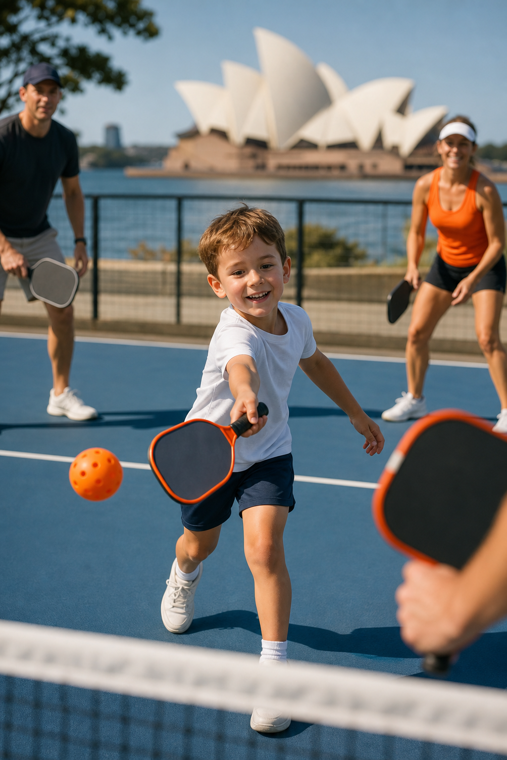 A young child holding a pickleball paddle in a outdoor court, smiling while playing with family. The paddle is clearly smaller than adult paddles nearby. Natural lighting, action shot. Alt: Child holding a lightweight pickleball paddle suitable for kids.